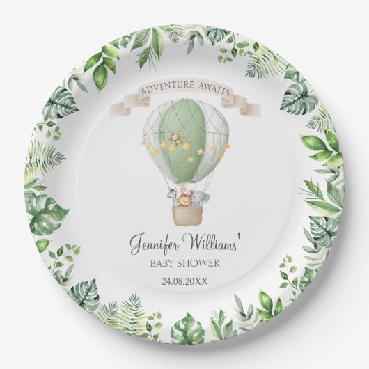 サファリの動物の熱気球の男の赤ちゃんシャワー ペーパープレート (正面)