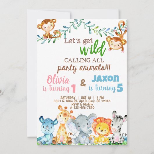 サファリの動物の男の子と女の子の兄弟姉妹誕生日招待状 招待状 (正面)