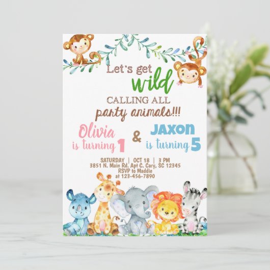 サファリの動物の男の子と女の子の兄弟姉妹誕生日招待状 招待状 (スタンド正面)