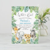 サファリの動物の男の子の最初の誕生日招待状。 招待状 (スタンド正面)