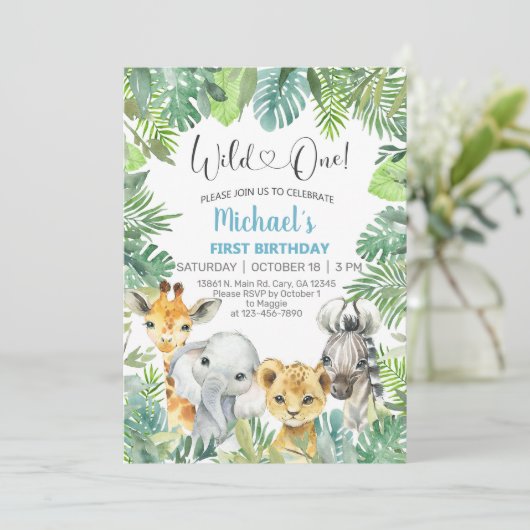 サファリの動物の男の子の最初の誕生日招待状。 招待状 (スタンド正面)