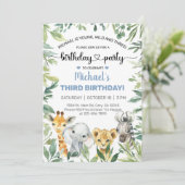 サファリの動物の男の子の誕生日招待状、任意の年齢。 招待状 (スタンド正面)