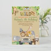 サファリの動物の男の子の誕生日招待状、任意の年齢。 招待状 (スタンド正面)