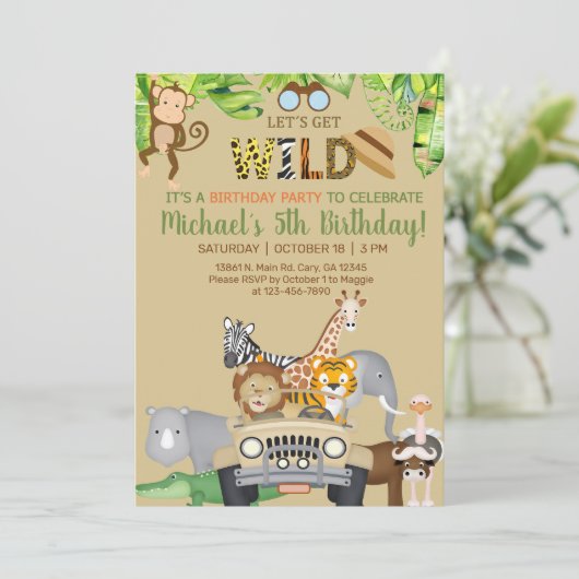 サファリの動物の男の子の誕生日招待状、任意の年齢。 招待状 (スタンド正面)