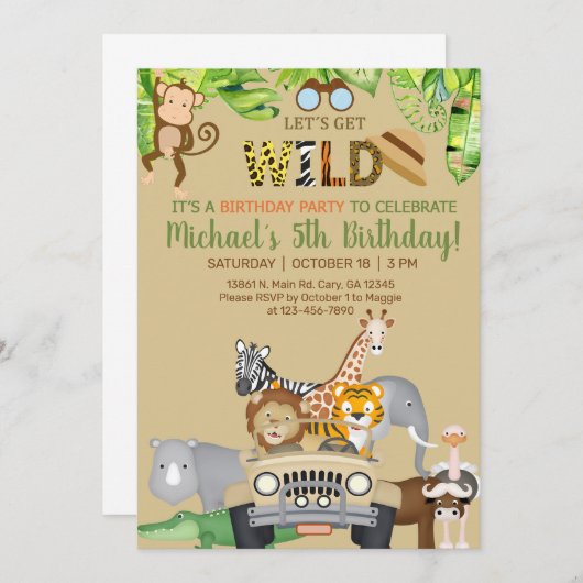 サファリの動物の男の子の誕生日招待状、任意の年齢。 招待状 (正面/裏面)