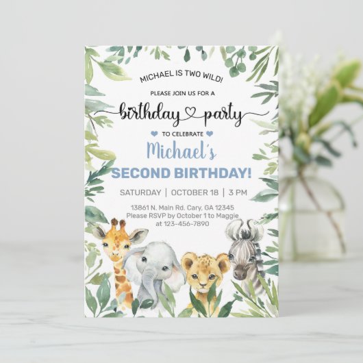 サファリの動物の男の子の誕生日招待状、任意の年齢。 招待状 (スタンド正面)