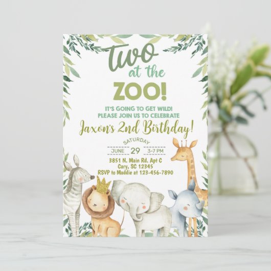 サファリの動物の男の子2歳の誕生日の招待。 招待状 (スタンド正面)