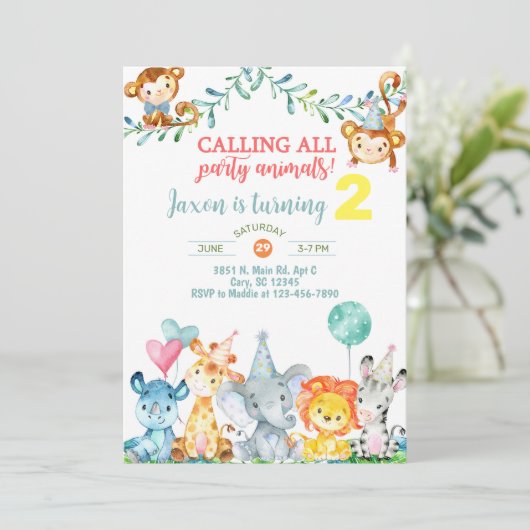 サファリの動物の男の子2番目の誕生日の招待状。invita 招待状 (スタンド正面)