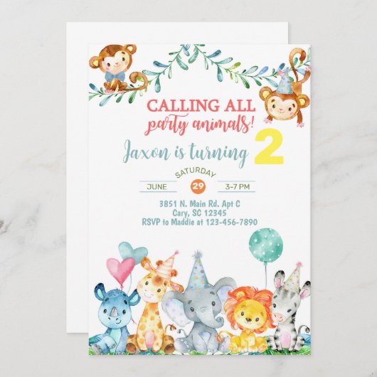 サファリの動物の男の子2番目の誕生日の招待状。invita 招待状 (正面/裏面)