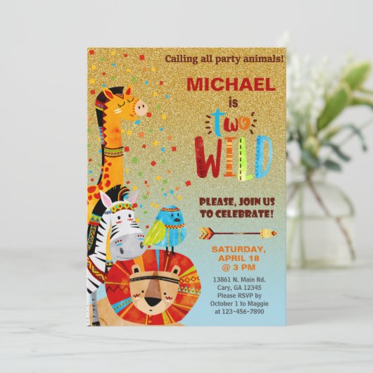 サファリの動物の男の子2番目の誕生日招待状。 招待状 (スタンド正面)