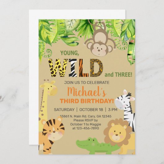 サファリの動物の男の子3番目の誕生日招待状。 招待状 (正面/裏面)