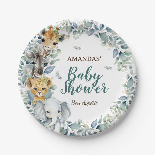 サファリの動物の緑の赤ちゃんシャワー ペーパープレート (正面)