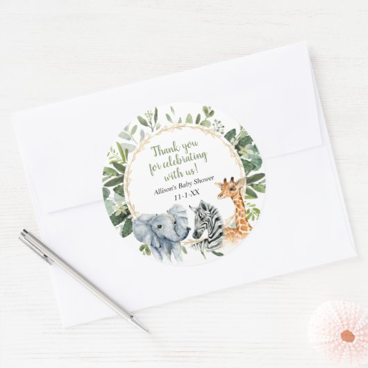 サファリの動物の緑の金ゴールドの赤ちゃんシャワー ラウンドシール (封筒)