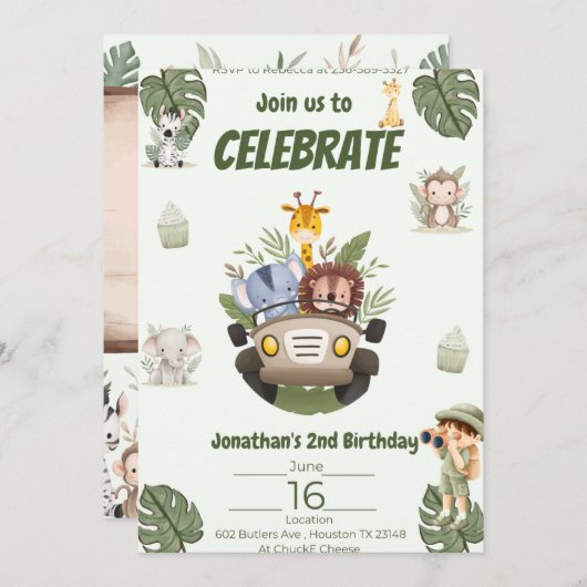 サファリの動物の誕生日パーティーへの招待 招待状 (正面/裏面)
