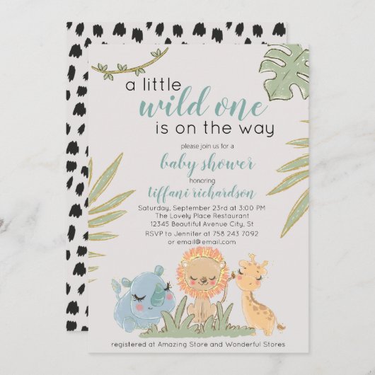 サファリの動物の赤ちゃんシャワーの途中でワイルドワン 招待状 (正面/裏面)