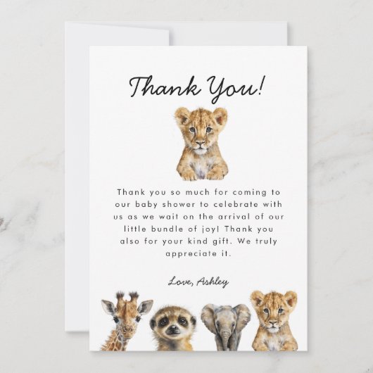 サファリの動物の赤ちゃんシャワー サンキューカード (正面)