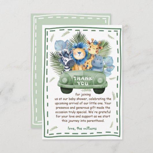 サファリの動物の赤ちゃんシャワー サンキューカード (正面/裏面)