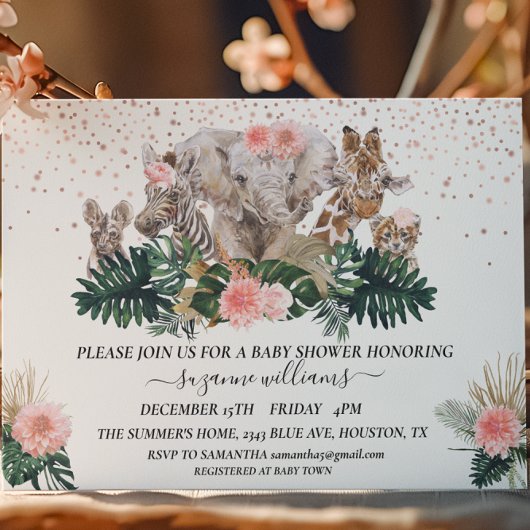 サファリの動物の赤ちゃん ピンクジャングルシャワー 招待状