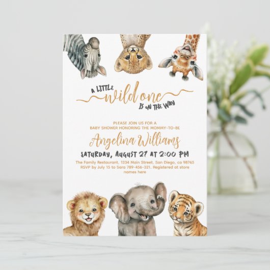 サファリの動物の野生の一モダンつの赤ちゃんシャワー 招待状 (スタンド正面)