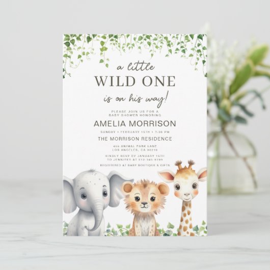 サファリの動物の野生の男の子の赤ちゃんシャワー 招待状 (スタンド正面)