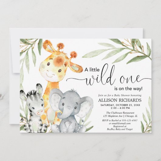 サファリの動物の野生の男女兼用1つの赤ちゃんシャワー 招待状 (正面)