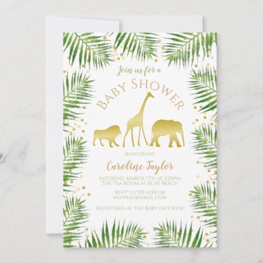 サファリの動物の金ゴールド赤ちゃんシャワー 招待状 (正面)