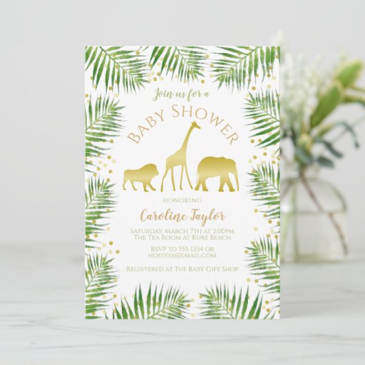 サファリの動物の金ゴールド赤ちゃんシャワー 招待状 (スタンド正面)