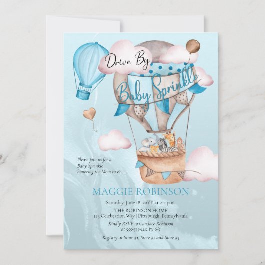 サファリの動物の風船バイボーイベビー散布 招待状 (正面)