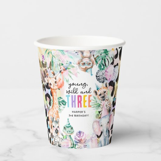 サファリの動物の30歳の誕生日を祝う若い、野生の動物と3 紙コップ (正面)
