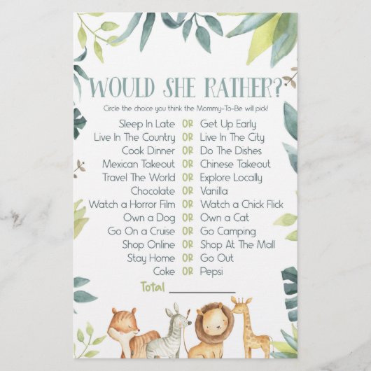 サファリの動物は彼女はむしろ赤ちゃんシャワーゲームをする 便箋 (正面)