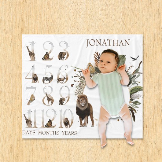 サファリの動物ジャングルナンバーマイルストーンエイジングライオン フリースブランケット