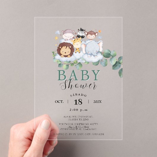 サファリの動物スペインのの赤ちゃんシャワージャングル アクリル招待状 (インサイチュ (ポータブル))