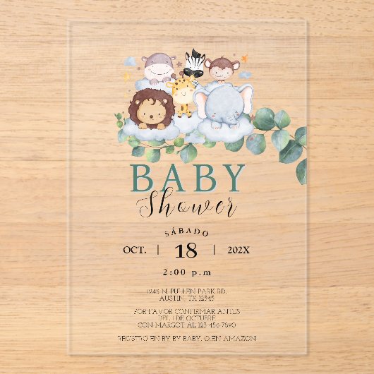 サファリの動物スペインのの赤ちゃんシャワージャングル アクリル招待状 (正面)