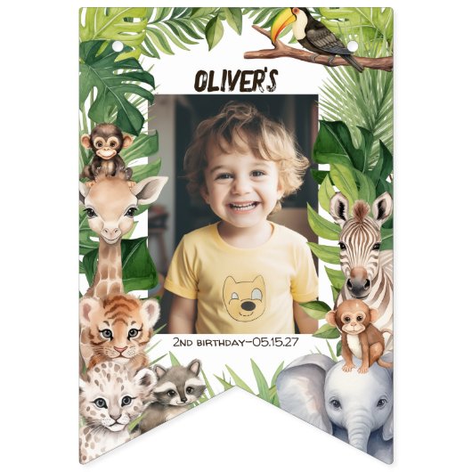 サファリの動物テーマの少年の誕生日の写真 バンティングフラッグ (第2の旗)