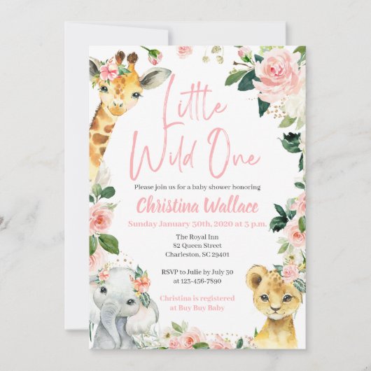 サファリの動物ベビーシャワー招待状for Girls 招待状 (正面)