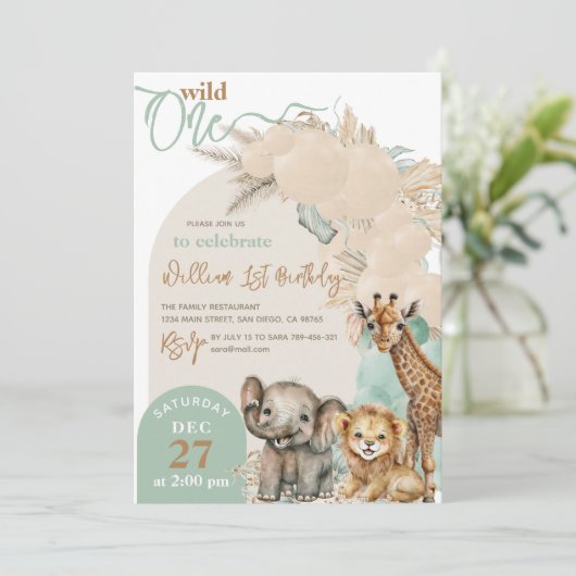 サファリの動物ボホバルーンボーイ1歳の誕生日 招待状 (スタンド正面)