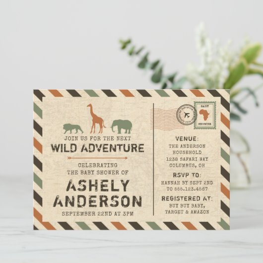 サファリの動物園アフリカ動物のベビーシャワーの招待状 招待状 (スタンド正面)