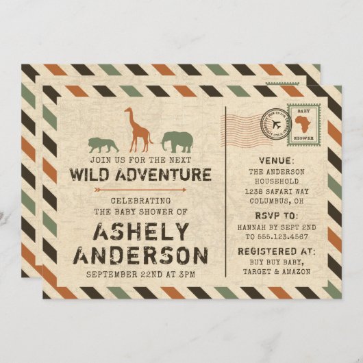 サファリの動物園アフリカ動物のベビーシャワーの招待状 招待状 (正面/裏面)
