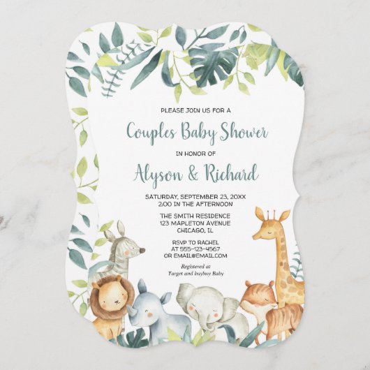 サファリの動物男女兼用カップル赤ちゃんシャワー 招待状 (正面/裏面)