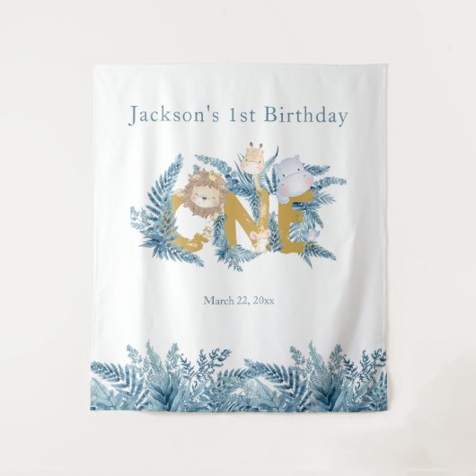 サファリの動物 エキゾチック カスタム 男の子 ファースト バースデー タペストリー (正面)