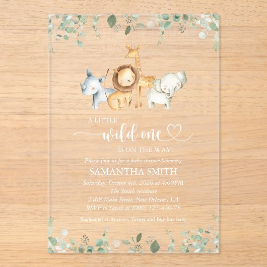 サファリの動物,ジャングル,野生動物,赤ちゃんシャワー アクリル招待状 (正面)