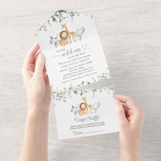 サファリの動物,ジャングル,野生動物,赤ちゃんシャワー オールインワン招待状 (貼ってはがせる)