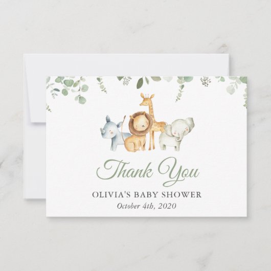 サファリの動物，ジャングル，野生動物，赤ちゃんシャワー サンキューカード (正面)