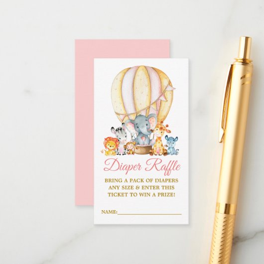 サファリの動物 ピンクの風船 おむつくじ シャワー エンクロージャーカード (正面/裏面インサイチュ)