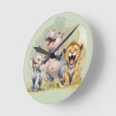 サファリの動物 ライオン ヒポ エレファント ラウンド壁時計 (傾斜)