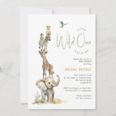 サファリの動物「ワイルドワン」 | 1つの赤ん坊シャワーで 招待状 (正面)