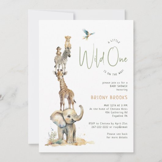 サファリの動物「ワイルドワン」 | 1つの赤ん坊シャワーで 招待状 (正面)