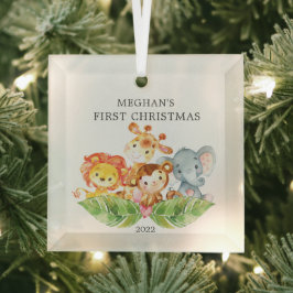 サファリの動物 赤ちゃんの初めてのクリスマス ガラスオーナメント