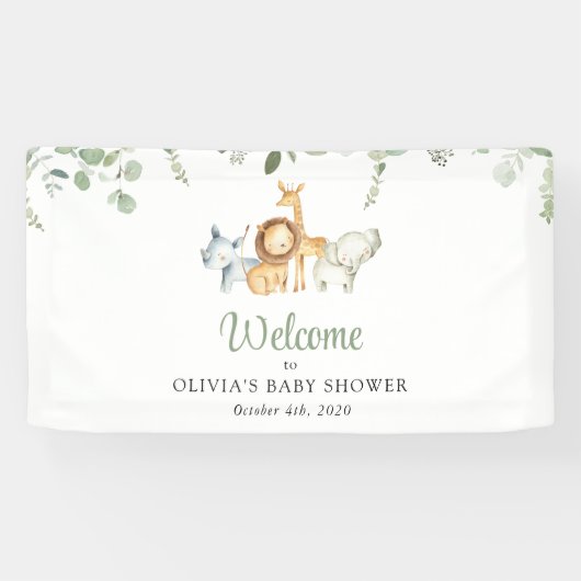 サファリの動物、野生動物、赤ちゃんシャワーへようこそ 横断幕 (横)