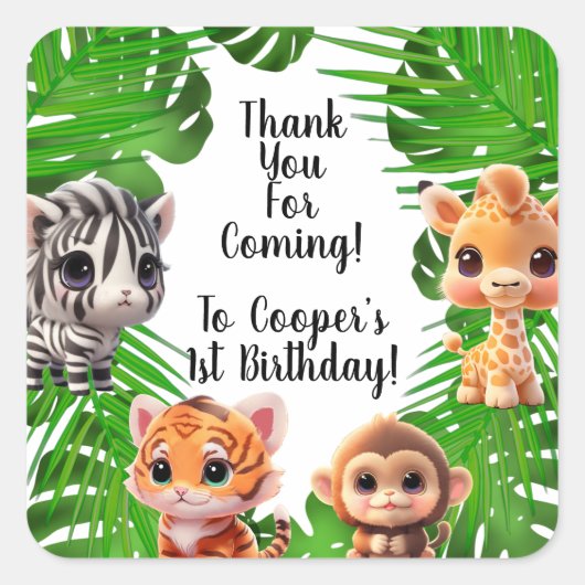 サファリの友人タイガーgiraffe zebra monkey elephant スクエアシール (正面)
